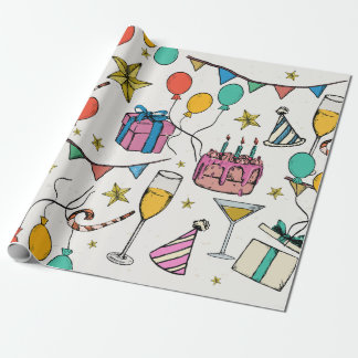 Geburtstagsfeier Party Ballons Kuchen Champagner Geschenkpapier