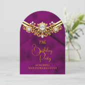 Geburtstagsfeier Pflaume Faux Samt Gold Diamanten  Einladung (Stehend Vorderseite)