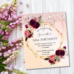 Geburtstagsfeier Rose Goldbordeauxrot Einladung<br><div class="desc">Im Vordergrund: Eine Einladung für eine 50-jährige, 50. Geburtstagsparty (oder jedes Alter). Eine Rose Gold, rot-rosa farbener Ober-Hintergrund mit einem vergoldeten geometrischen Rahmen in Imitaten. Die Einrichtung besteht aus dunklen, lila und bordeauxfarbenen Blume, Rose und Boho-Federn. Imitate Rose Gold Glitzer Tropfen. Vorlagen für einen Namen und Party Details. Der Name...</div>
