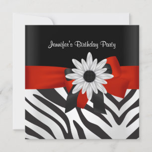 Geburtstagsfeier Schwarz Zebra Streifen Rot Blumen Einladung