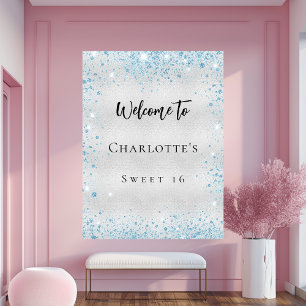 Geburtstagsfeier Silber Blau Glitter Willkommen Poster