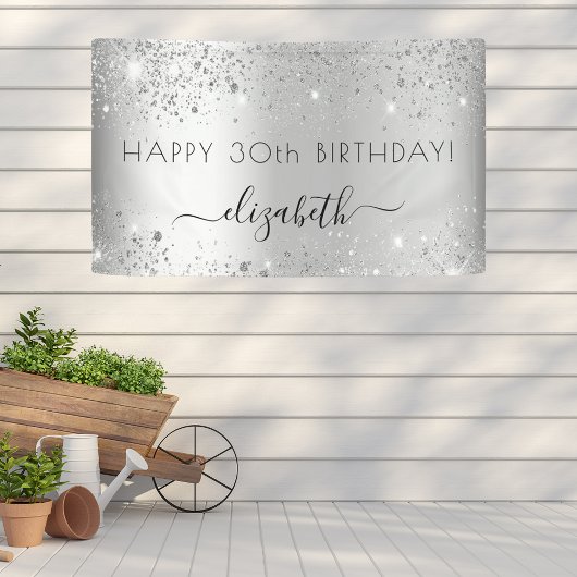 Geburtstagsfeier Silber Glitter Staub Monogramm Banner