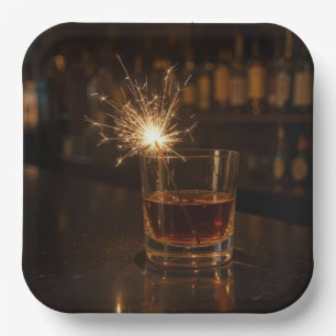 Geburtstagsfeier-Sparkler in einem Glas Whiskey Pappteller