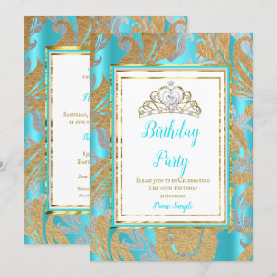 Geburtstagsfeier Türkis Blau Gold Damast Grau Tiar Einladung