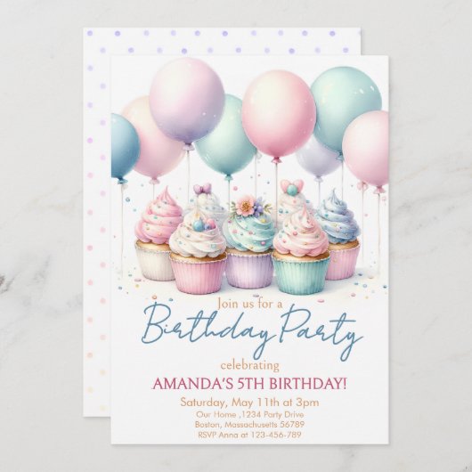 Geburtstagsfeier von Cupcake Einladung (Vorne/Hinten)