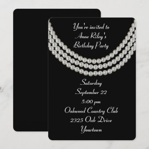 Geburtstagsfeier Weiße Perlenkette auf Schwarz Einladung