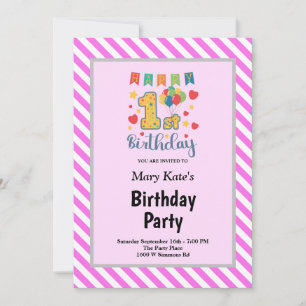 Geburtstagsfeier zum 1. Geburtstag mit rosa/weißen Einladung