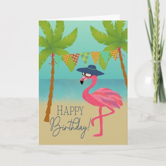 Geburtstagsflamingo am Strand Karte (Vorderseite)