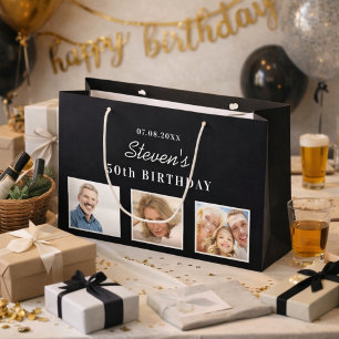 Geburtstagsfoto in Schwarzweiß Name Mann Große Geschenktüte