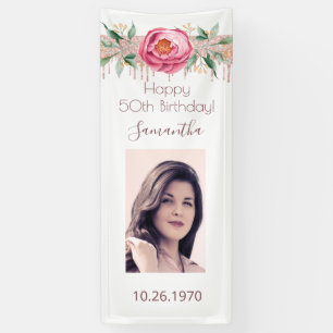 Geburtstagsfoto weiße Rose Gold Glitter floral Banner
