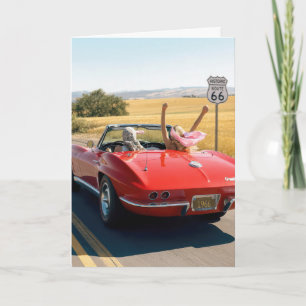 Geburtstagsfrauen in einem roten Corvette 1966 auf Karte