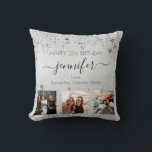 Geburtstagsfreund Silber Foto Collage Name Skript Kissen<br><div class="desc">Ein Geschenk von Freunden für den 21. Geburtstag einer Frau, die ihr Leben mit 3 Fotos von ihr, ihren Freunden, ihrer Familie, ihrem Interesse oder ihren Haustieren feiert. Personalisieren und fügen Sie ihren Namen, Alter 21 und Ihre Namen. Schwarze Buchstaben. Ein schick Imitat silbermetallicfarben aussehend Hintergrund. Ihr Name ist mit...</div>