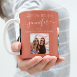 Geburtstagsfreunde im Foto benennen Terrakotta ear Kaffeetasse<br><div class="desc">Ein Geschenk von Freunden für den 21. Geburtstag einer Frau, die ihr Leben mit 3 Fotos von ihr, ihren Freunden, ihrer Familie, ihrem Interesse oder ihren Haustieren feiert. Personalisieren und fügen Sie ihren Namen, Alter 21 und Ihre Namen. Terrakotta, braune Erdenfarbe. Ihr Name ist mit einem modernen handgeschriebenen Stilskript mit...</div>