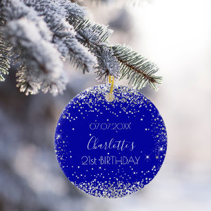 Geburtstagsfreunde mit königsblauen silbernen Glit Keramik Ornament
