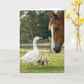 Geburtstagsgans mit Gössel und Pferd Karte (Gelbe Blume)