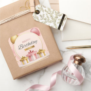 Geburtstagsgeschenke Liebe Kuchen Gold rosa Ballon Quadratischer Aufkleber