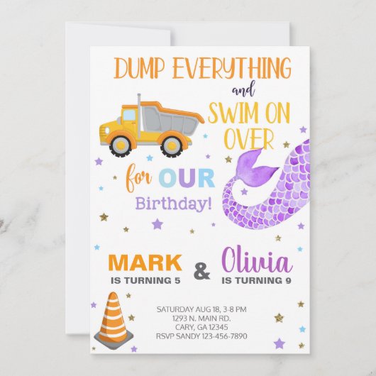 Geburtstagsgeschwister von Meerjungfrau und Müllwa Einladung (Vorderseite)