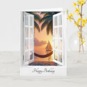 Geburtstagshaus mit Meerblick im Fenster Karte (Gelbe Blume)