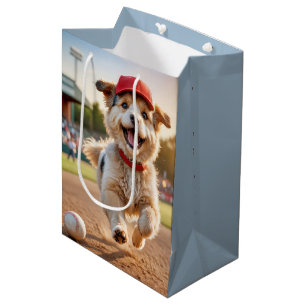 Geburtstagshund läuft mit einer Baseballkappe Mittlere Geschenktüte