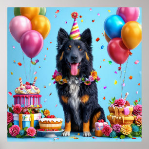Geburtstagshund mit Kuchen und Ballons Poster
