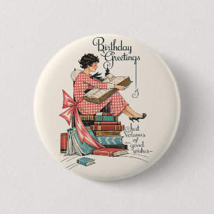 Geburtstagsillustration für Vintage-Buchliebhaber Button