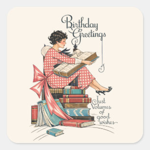 Geburtstagsillustration für Vintage-Buchliebhaber Quadratischer Aufkleber
