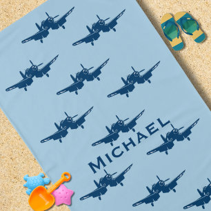 Geburtstagsjunge Vintage-Flugzeug Corsair Blau Str Strandtuch