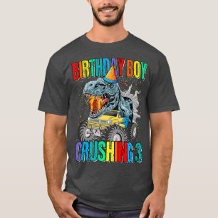 Geburtstagsjunge zerquetscht 3 Monstertruck-Dinosa T-Shirt