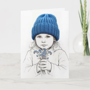Geburtstagsjunges Mädchen mit blauem Strickhut Karte