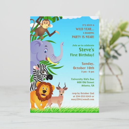 GeburtstagsJungle Tiere Pauschaleinladung Einladung (Stehend Vorderseite)