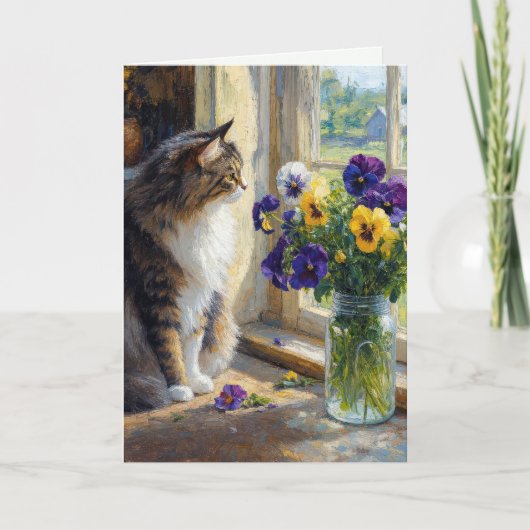 Geburtstagskaliko-Katze mit Stiefmütterchen-Sträuß Karte (Vorderseite)