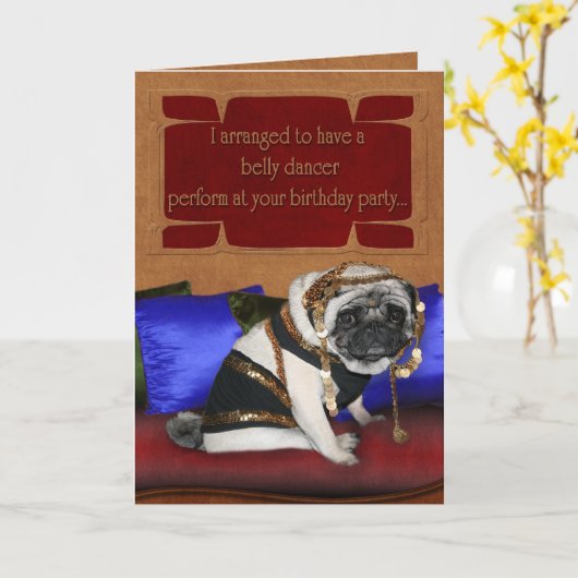Geburtstagskarte - Bauchtanz-Mops Karte (Gelbe Blume)