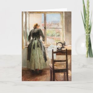 Geburtstagskarte mit Dame und Nähmaschine. Feiertagskarte