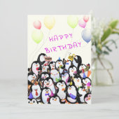 Geburtstagskarte mit Happy Pinguins Party (Stehend Vorderseite)