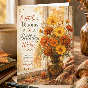Geburtstagskarte mit Herbstblumen am Cottage-Fenst Karte