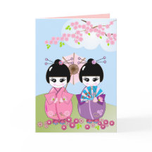 Geburtstagskarte mit japanischen Puppen & Kirschbl