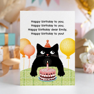 Geburtstagskarte mit Katze, Kuchen und Kerze Karte