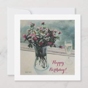 Geburtstagskarte mit rosa Blumen im Vintage-Stil v Feiertagskarte