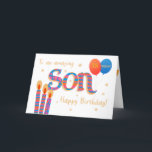 Geburtstagskarte von Son's Custom Age Son und Ball Feiertagskarte<br><div class="desc">Sie können diese schicke Geburtstagskarte für einen Sohn fast jeden Alters anpassen. Der Gruß auf der Vorderseite lautet: "Zu einem phantastischen Söhnchen zum Geburtstag!" mit jedem Buchstaben des übergroßen Wortes "Son" gefüllt mit einem anderen, farbenfrohen Muster und der Erholung der Schrift in Golffekt-Handschrift. Es gibt drei große, gemusterte Kerzen in...</div>