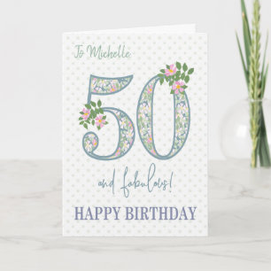 Geburtstagskarte zum 50. mit floralem Motiv und Pu Karte