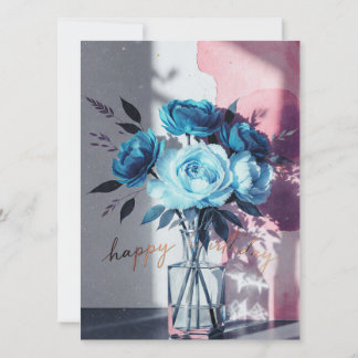 Geburtstagskarten blau moderne Blumen rosa Aquarel