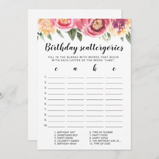 Geburtstagskattergorien-Spielkarte Einladung (Vorne/Hinten)