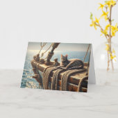 Geburtstagskatze auf Schiffsrumpen Karte (Gelbe Blume)