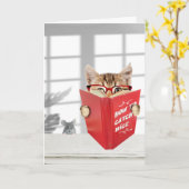 Geburtstagskatze mit Brille und Rotes Buch Karte (Gelbe Blume)