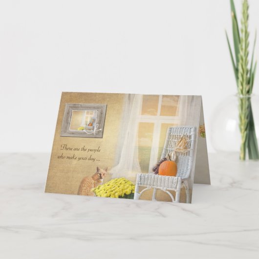 Geburtstagskatze mit Herbstkürbis und Fenster Karte (Vorderseite)