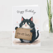 Geburtstagskatze mit Holzschild Feiertagskarte (Vorderseite)
