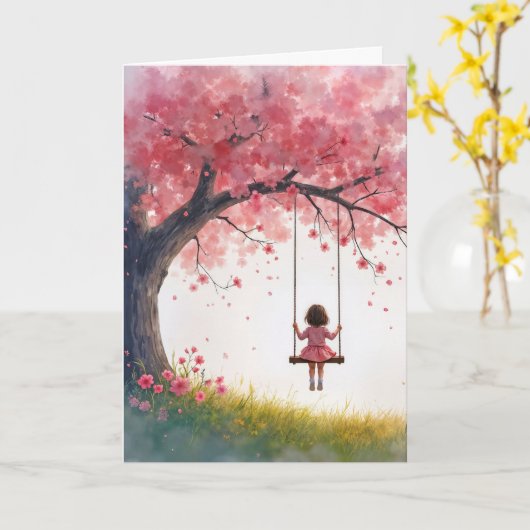 Geburtstagskind auf Kirschbaumschwung Karte (Gelbe Blume)