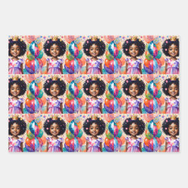 Geburtstagskind mit brauner Hautdruckerin Art Geschenkpapier Set