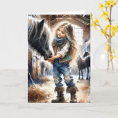 Geburtstagskind mit Pferd in Stable Karte (Gelbe Blume)