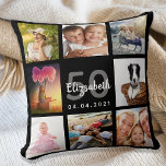 Geburtstagsklammerung von Fotos schwarz Kissen<br><div class="desc">Ein einzigartiges Geschenk für eine Frau 50. (oder jedes Alter) Geburtstag, feiert ihr Leben mit einer Collage von 8 Ihrer eigenen Fotos, Bilder. Personalisieren und fügen Sie ihren Namen, Alter 50 und ein Datum. Ein schicker schwarzer Hintergrund. Graue und weiße Buchstaben und Zahlen. Der Name ist mit einem modernen handgeschriebenen...</div>